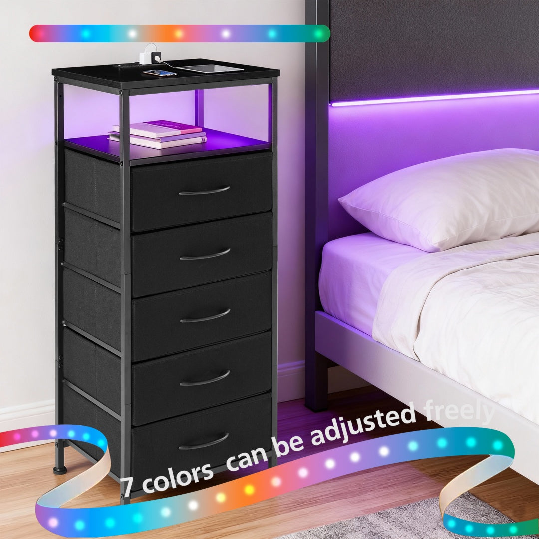 Nightstand With Charging Station, Bedside End Table With 5 Fabric Drawers & USB-Type-C Ports And Outlets